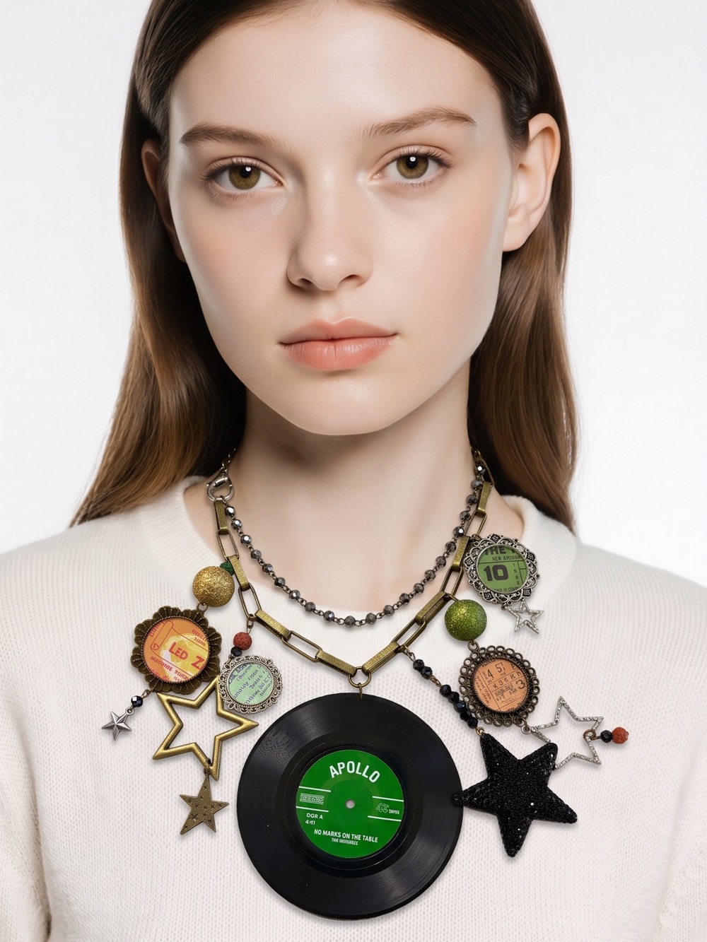 Statement Mixed-Media Black & Green Apollo Record Necklace